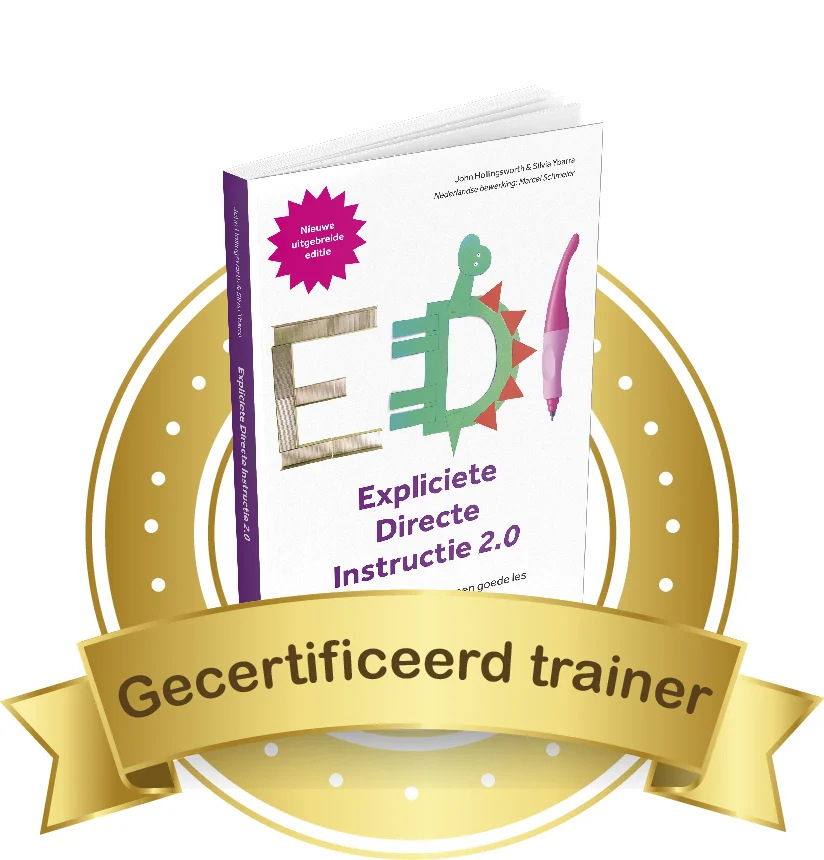 EDI-badge: Gecertificeerd trainer, bij het boek Expliciete Directe Instructie 2.0